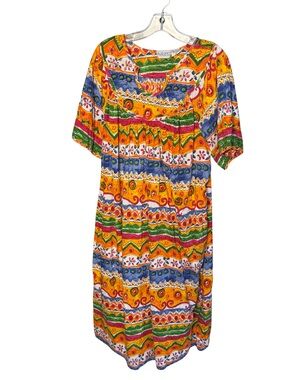 Vintage Phases Colorful‎ Bold Boho Beaded Artsy Summer House Dress Size Medium